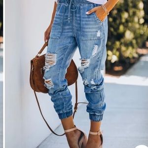 Distressed denim joggers